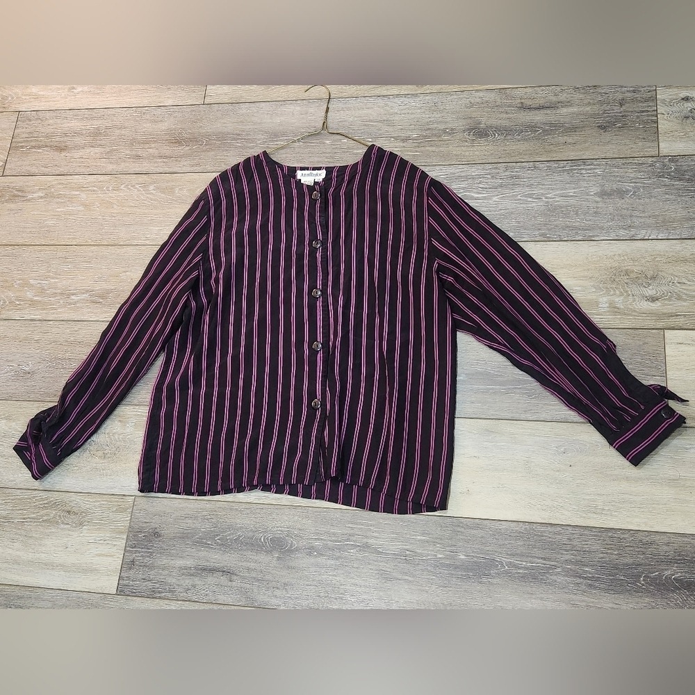 Ann Taylor 100% Silk Vintage Striped  Button Down Long Sleeve Blouse top